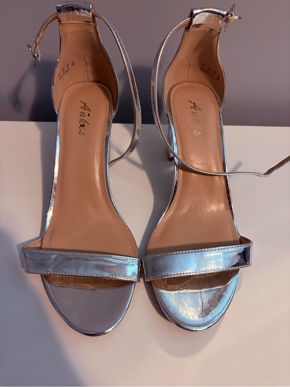 Silver Metallic Ankle-Strap Heeled Sandals